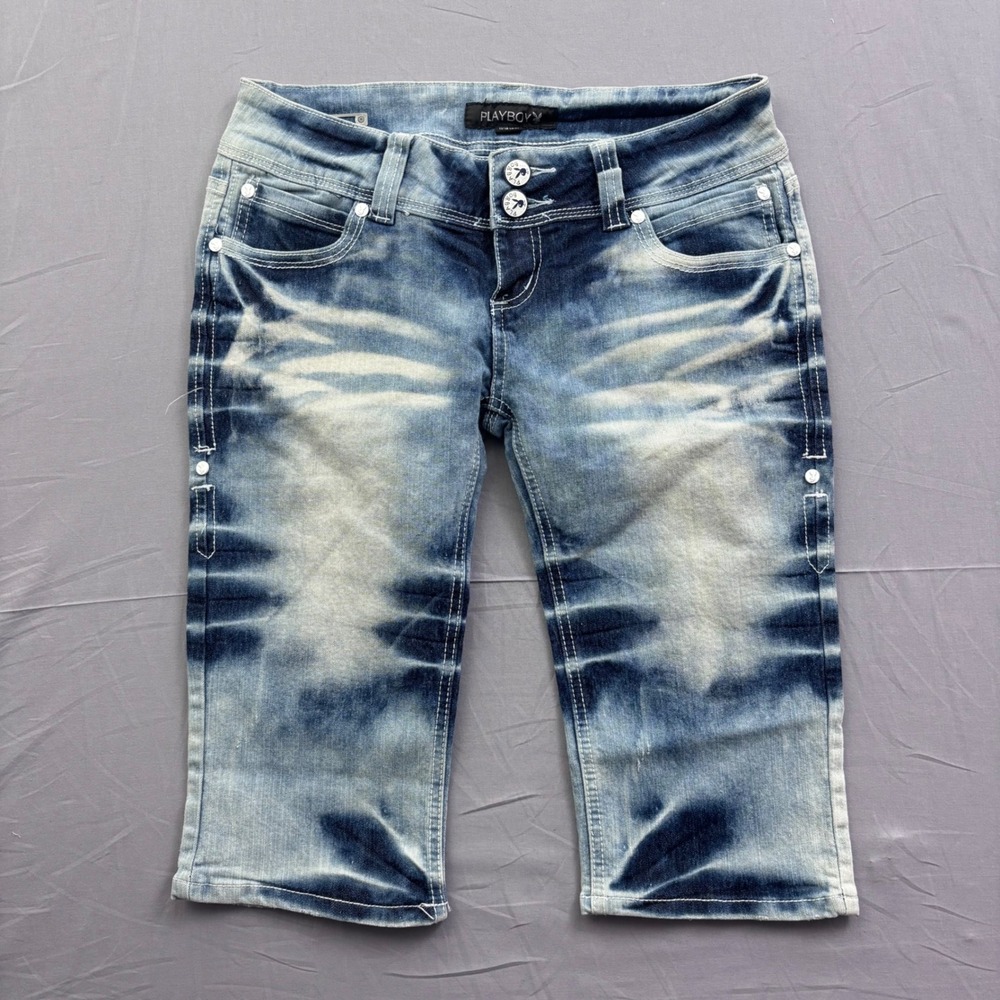Vintage Playboy Womens Y2K Acid Wash Denim Capris Blue Bunny Logo Size 11/12 29